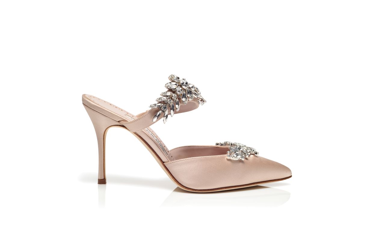 Mules de cetim Bege Claro com Detalhes em Cristal