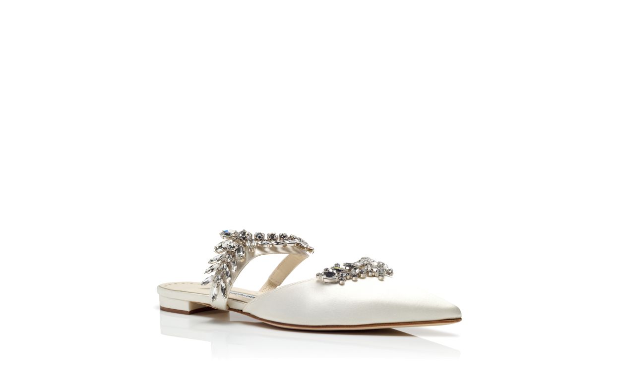 Mule Plana com Cristal em Seda Creme Claro
