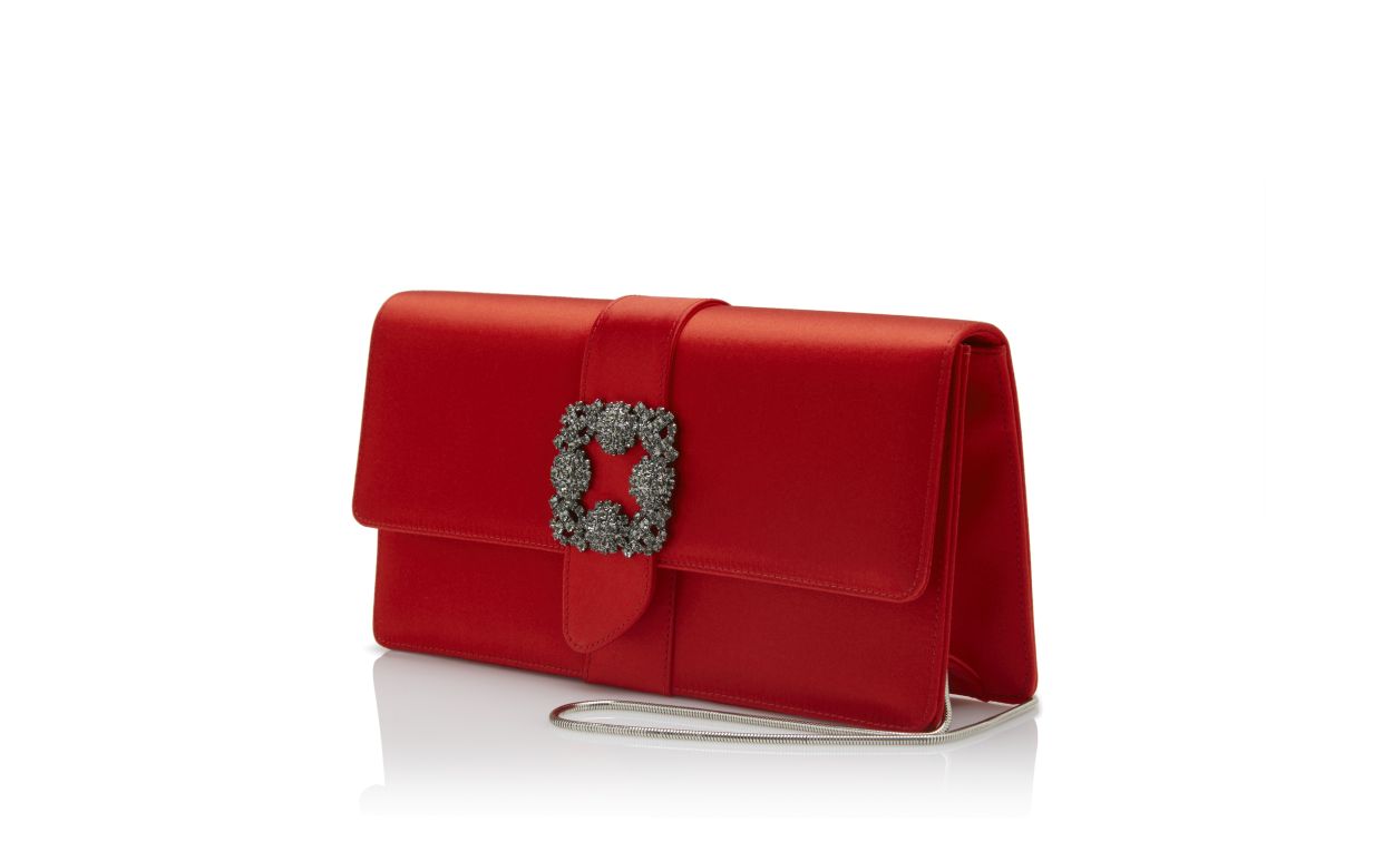 Bolsa de Mão Retangular de Satin Vermelho com Fivela de Joia
