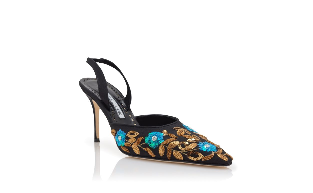 Sapatilhas de Crepe de Chine Preto com Bordado Slingback