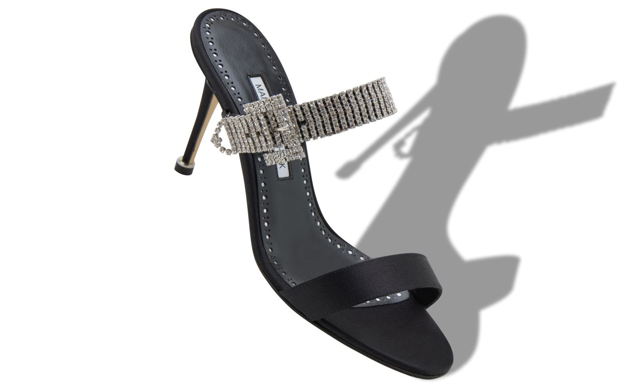Mule com Strapa de Cristal em Satin Preto