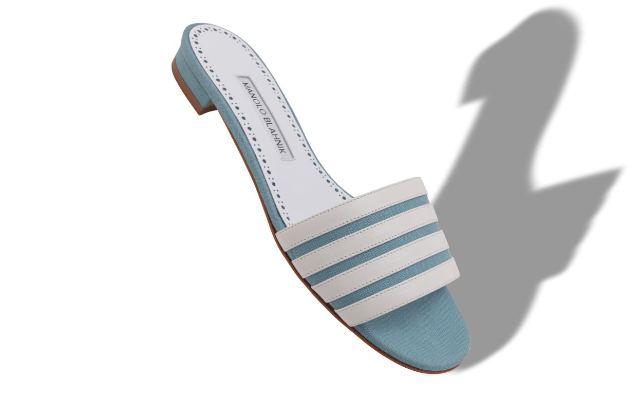 Mules Planas de Linho Azul-Claro e Branco