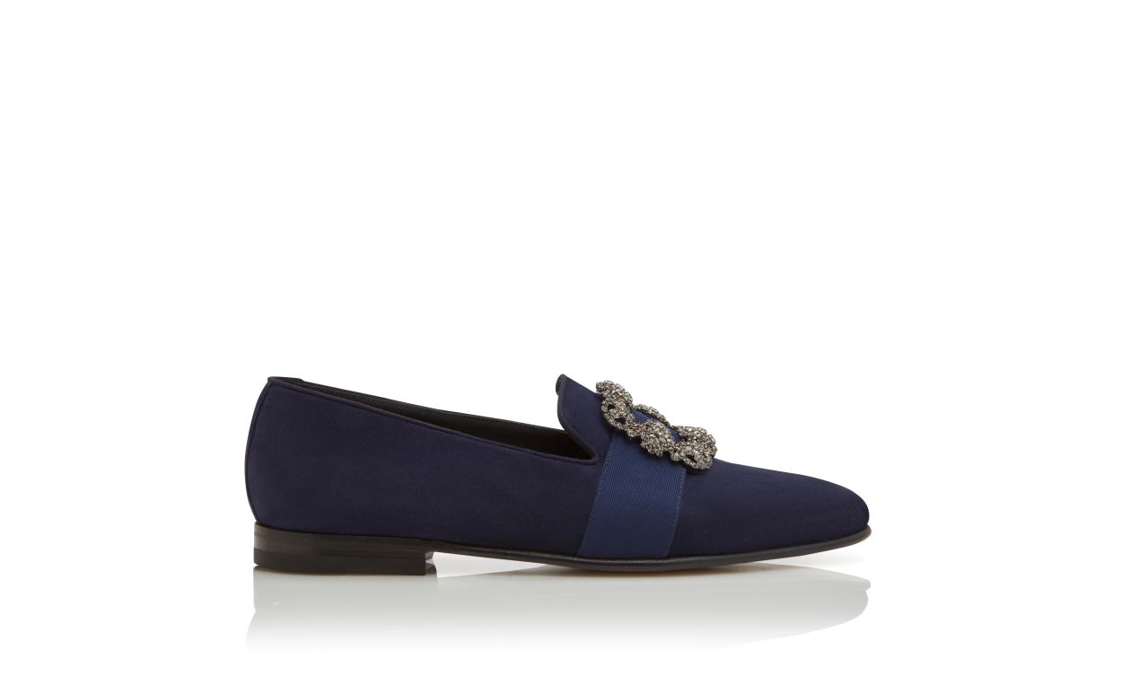 Mocassins de Couro Vegetal Azul Marinho com Fivela de Jóia