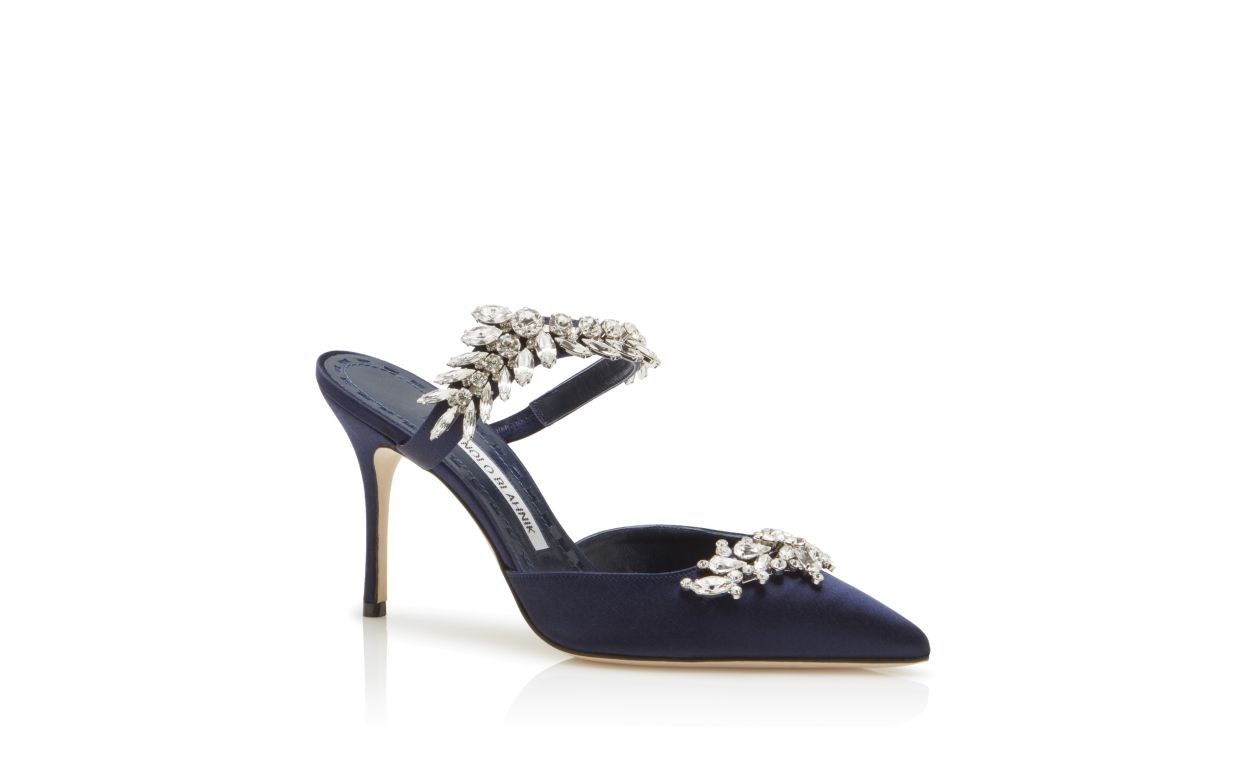 Mules de Satin Azul Marinho com Detalhes em Cristal