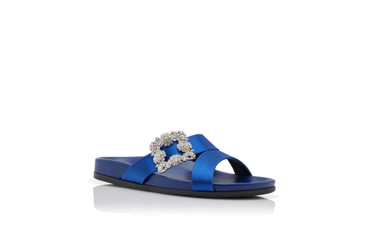 Mules Planas com Fivela de Joia de Satin Azul
