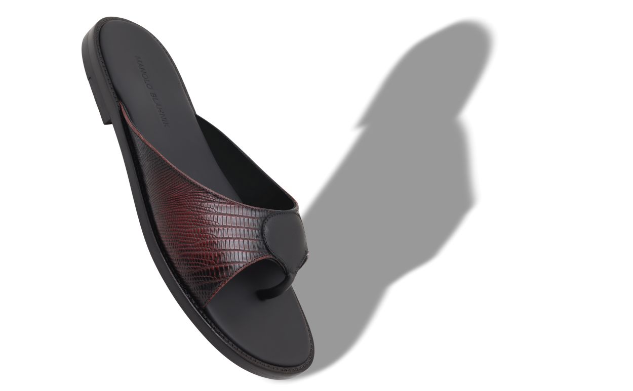 Sandalhas de Couro de Novilho Vermelho Escuro com Estampa de Lagarto