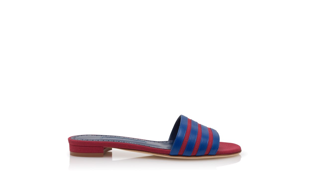 Mules Planas de Linho Vermelho e Azul