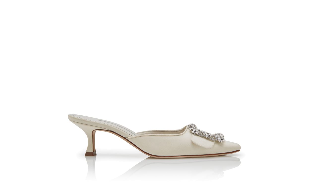Mules de Crepe de Chine com Fivela de Jóias Cream