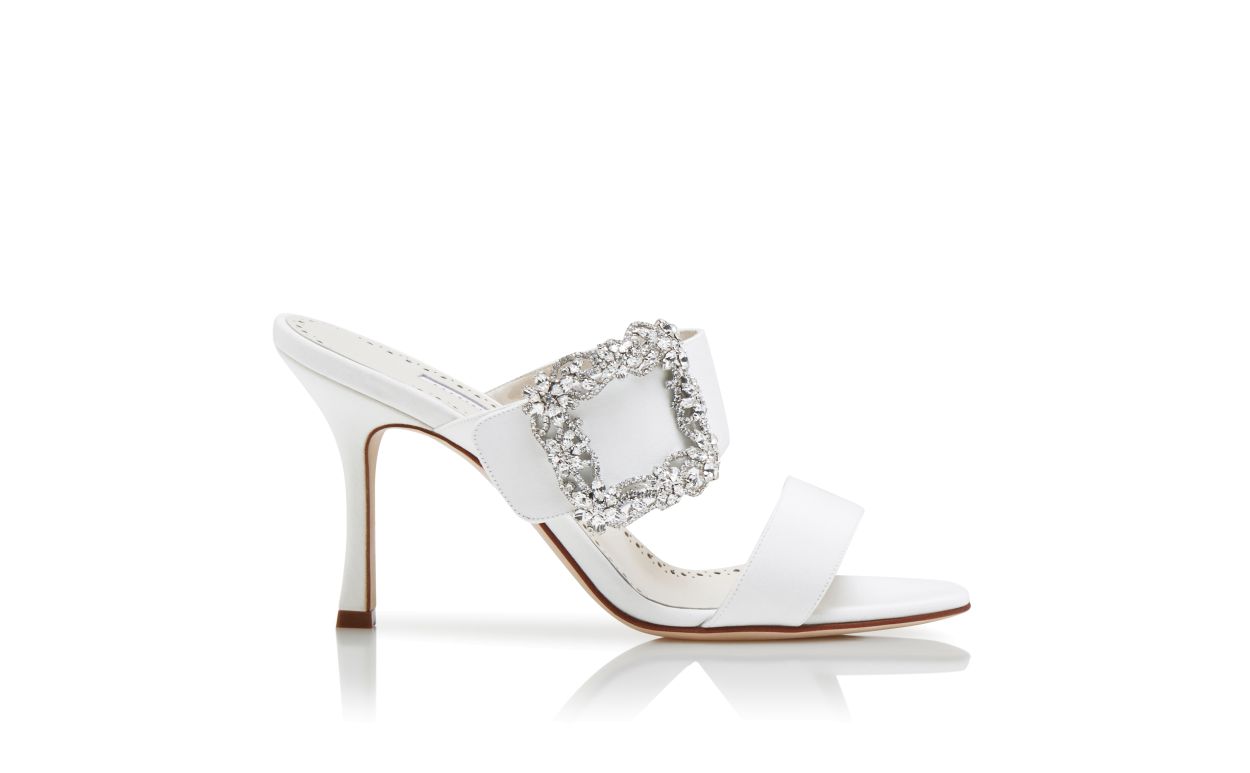 Mules de Crepe de Chine Branco com Fivela de Jóias