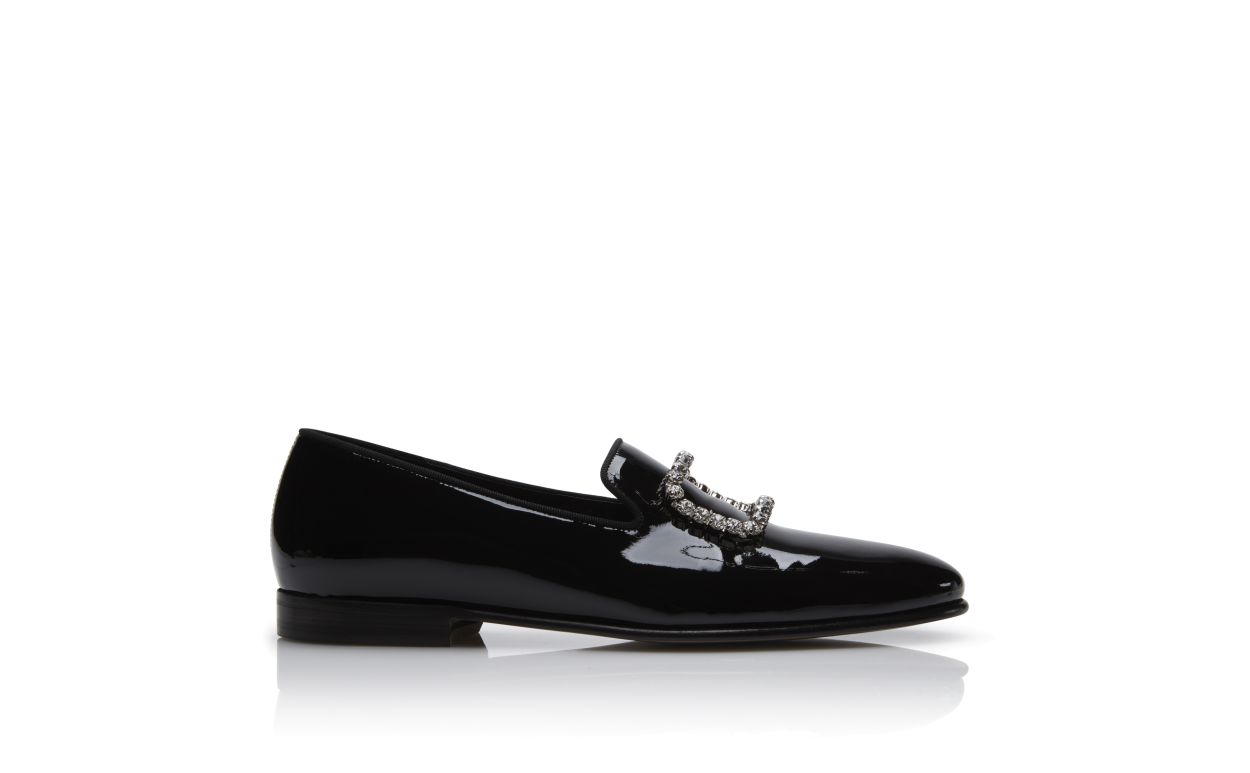 Mocassins de Couro Brilhante Preto com Fivela de Joias