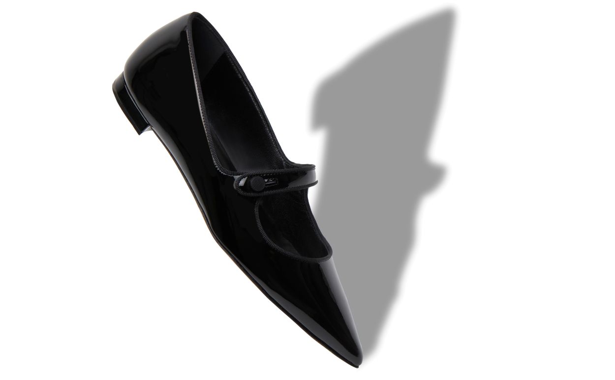 Sapatos de Salto Plano Mary Jane em Couro Vernizado Preto
