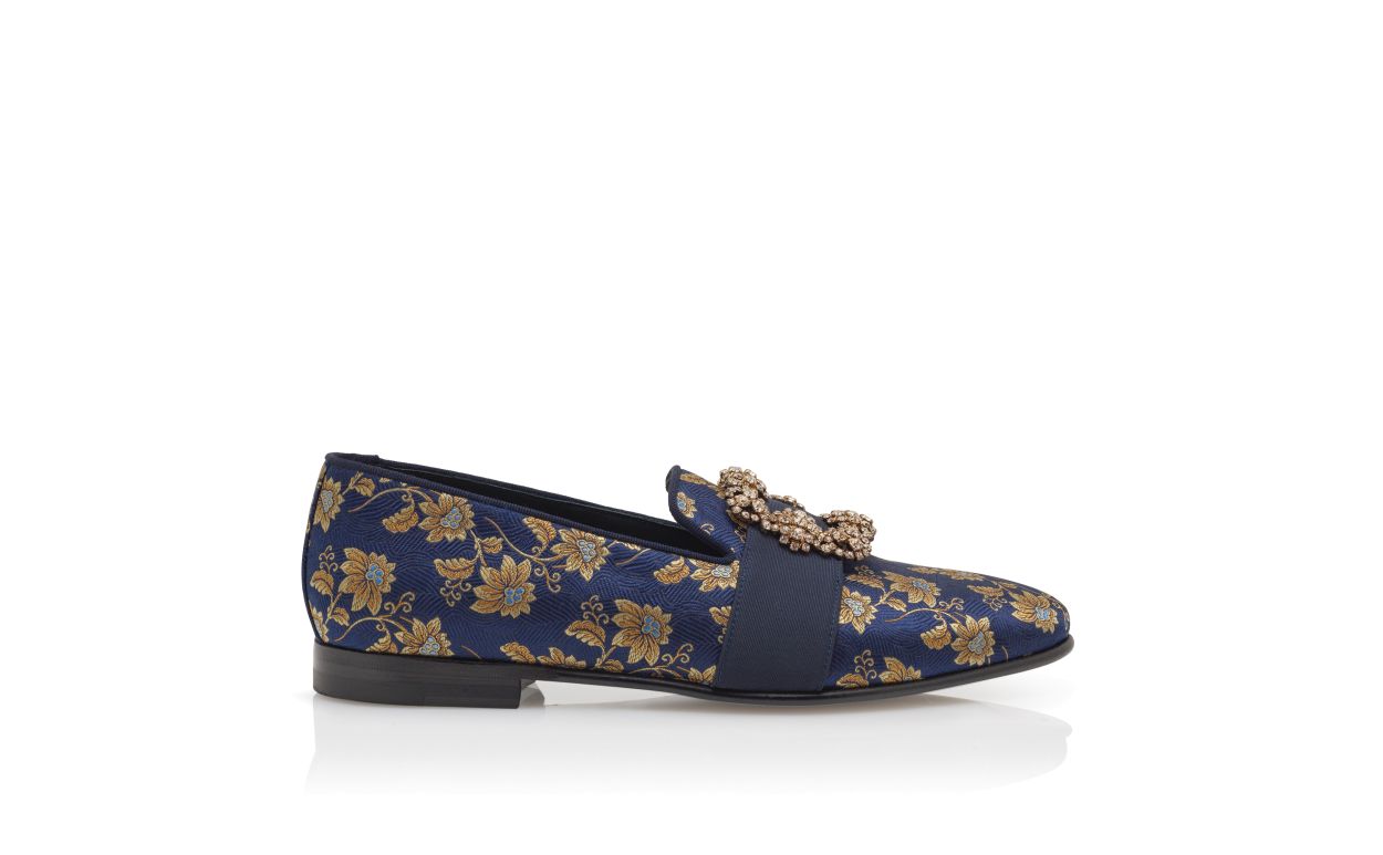 Sapatos de Lona com Botão de Joia em Seda Floral Azul-Marinho