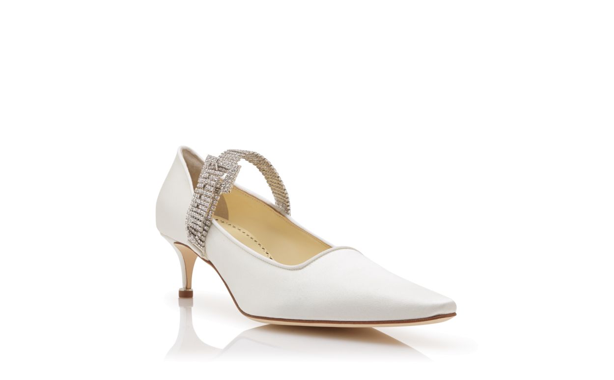 Sapatos de Salto com Fivela em Cristal Satinê Bege Claro