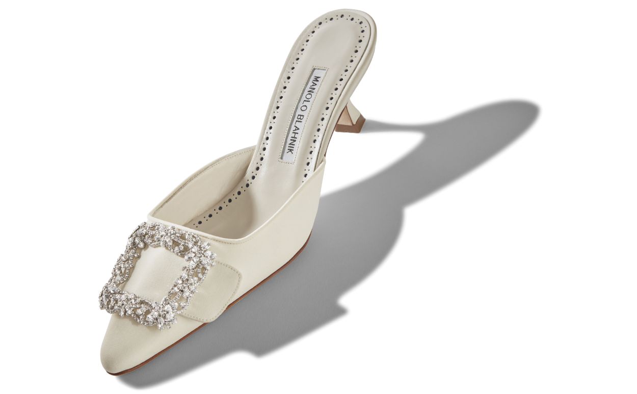 Mules de Crepe de Chine com Fivela de Jóias Cream