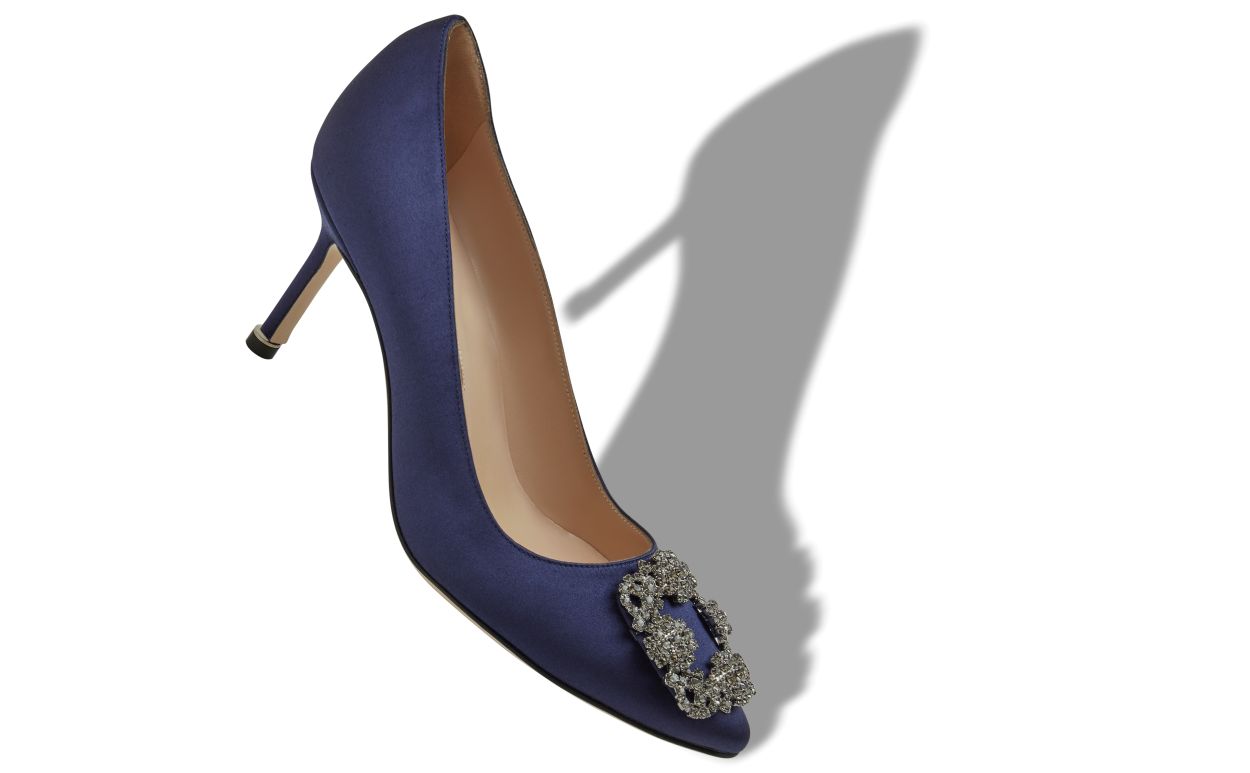 Sapatilhas com Fivela de Joia em Satinê Azul-Marinho