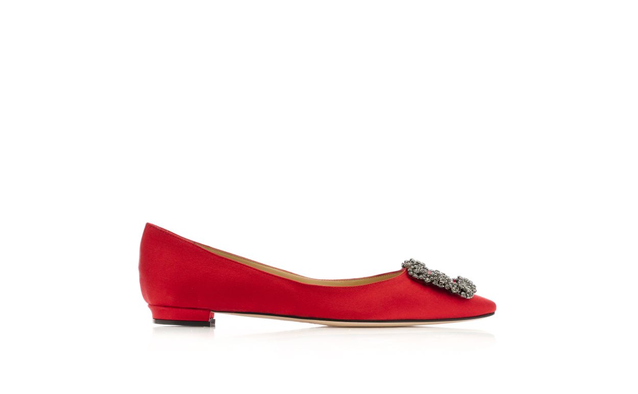 Sapatilhas Planas de Satin Vermelho com Fivela de Joia