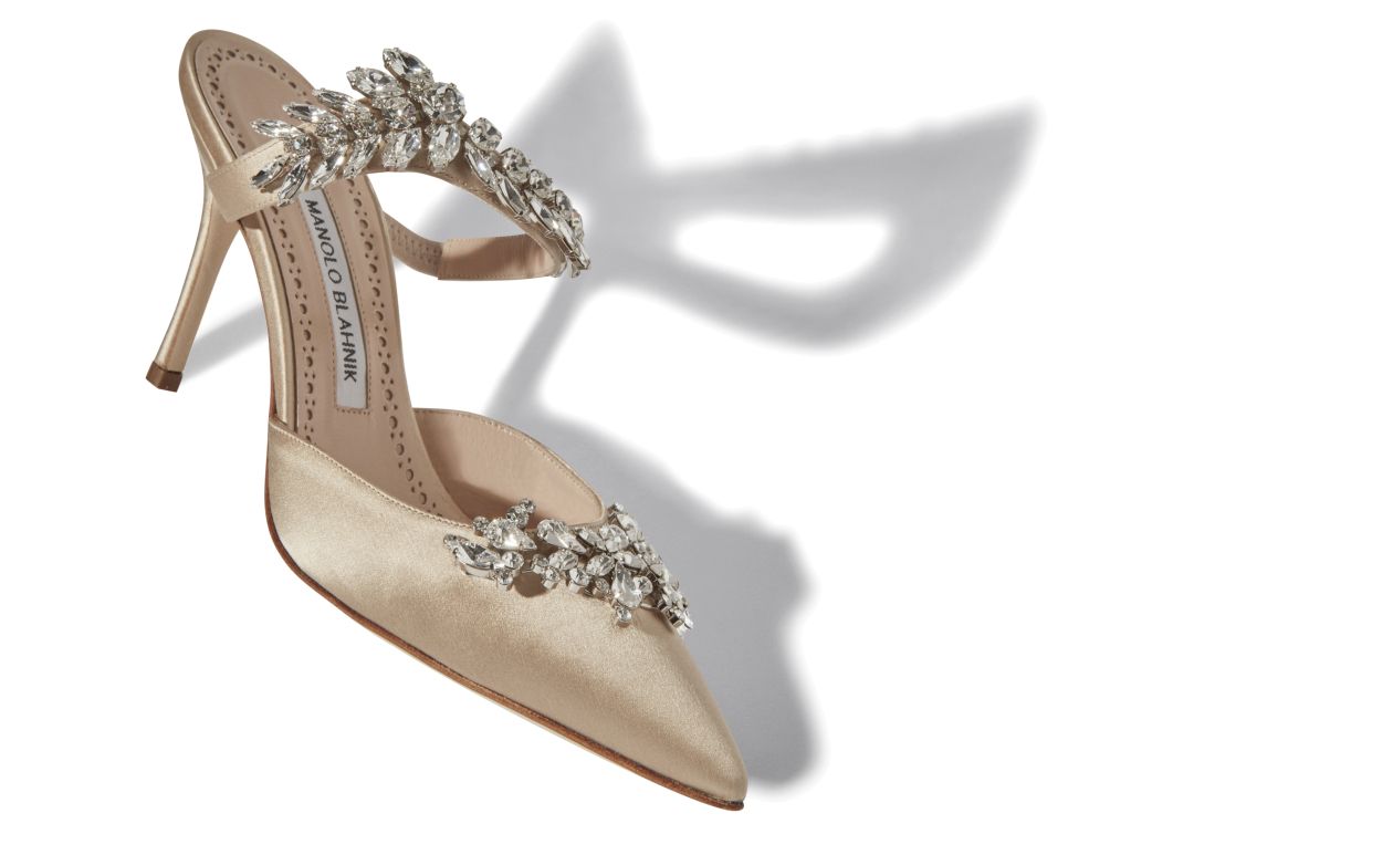 Mule de Satin Champagne com Detalhes em Cristal
