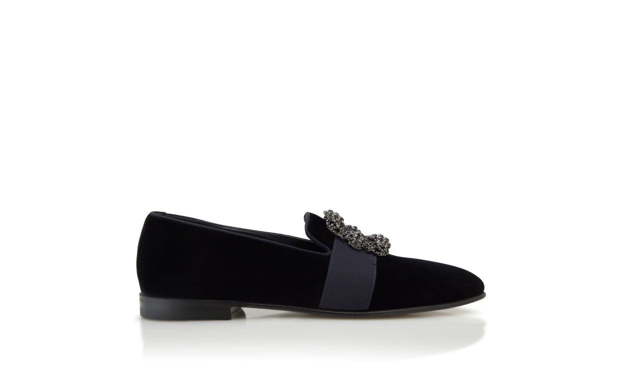 Mocassins de Veludo Azul Escuro com Fivela Encravada