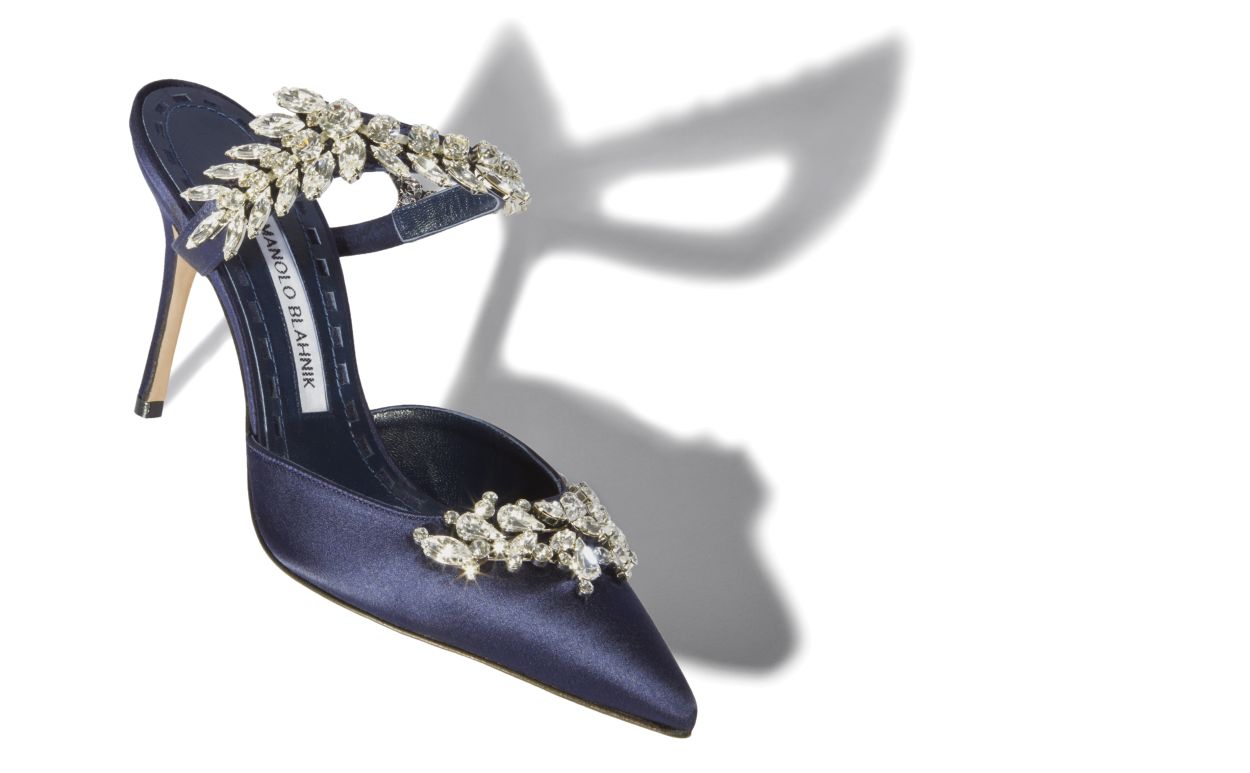 Mules de Satin Azul Marinho com Detalhes em Cristal