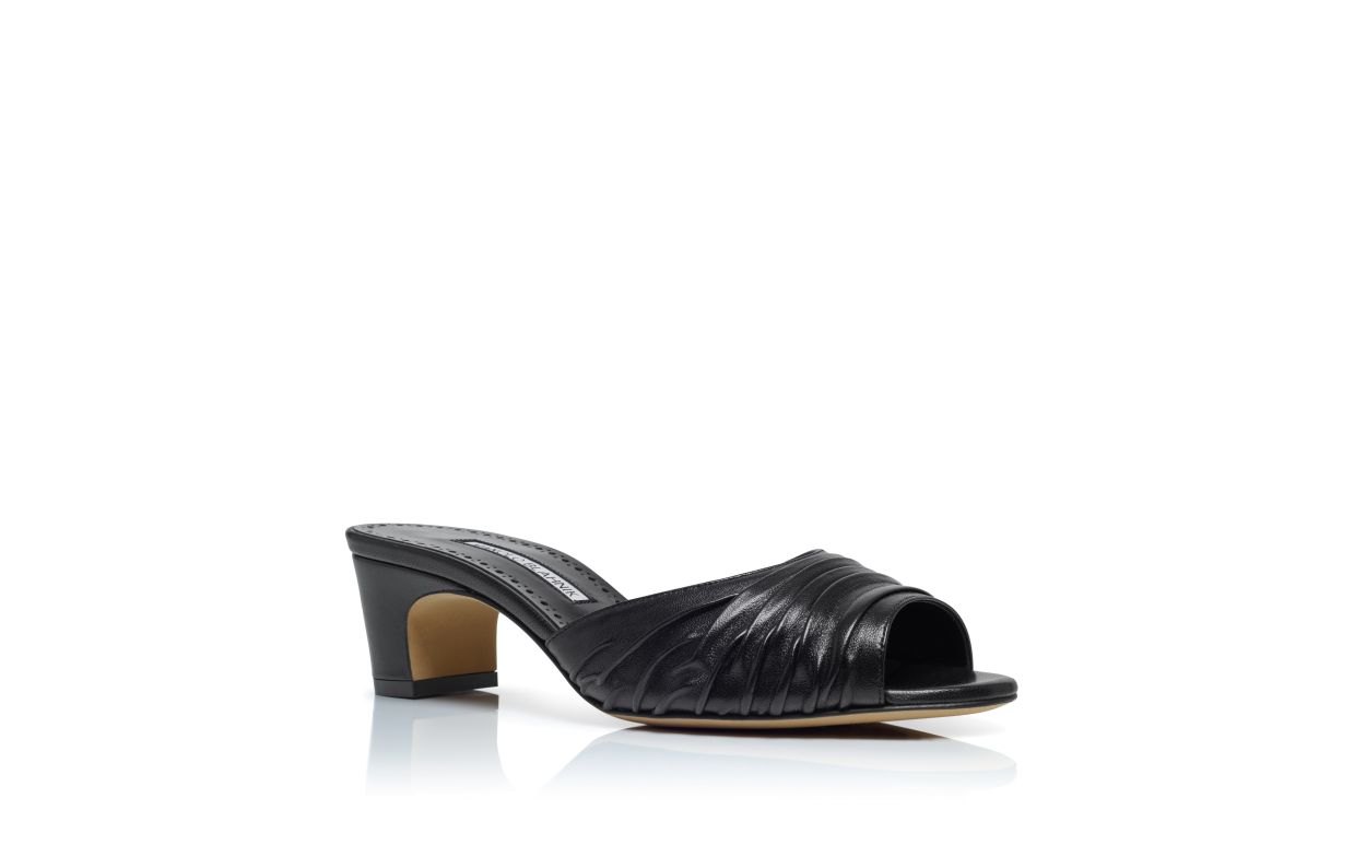Mules de Couro Napa Preto com Detalhes Ruched e Biqueira Aberta