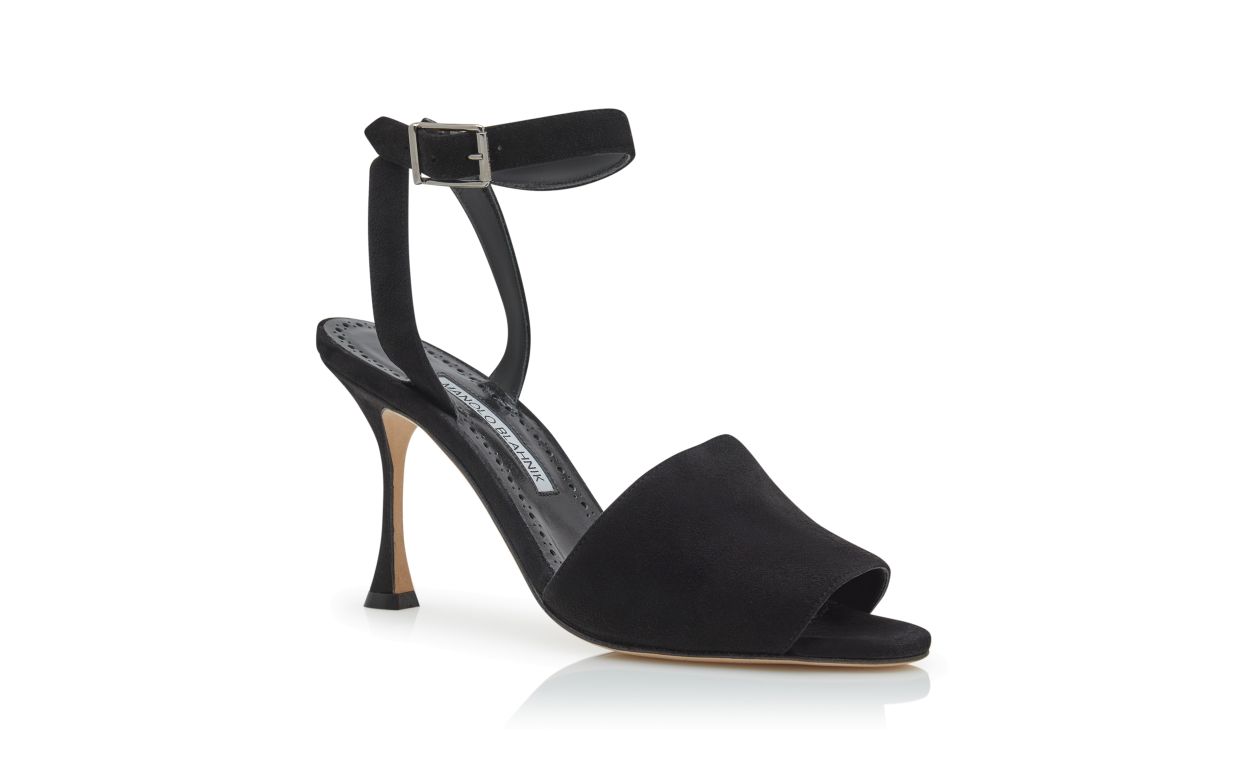 Sandalas de Salto Alto com Straps para o Tornozelo em Suede Preto