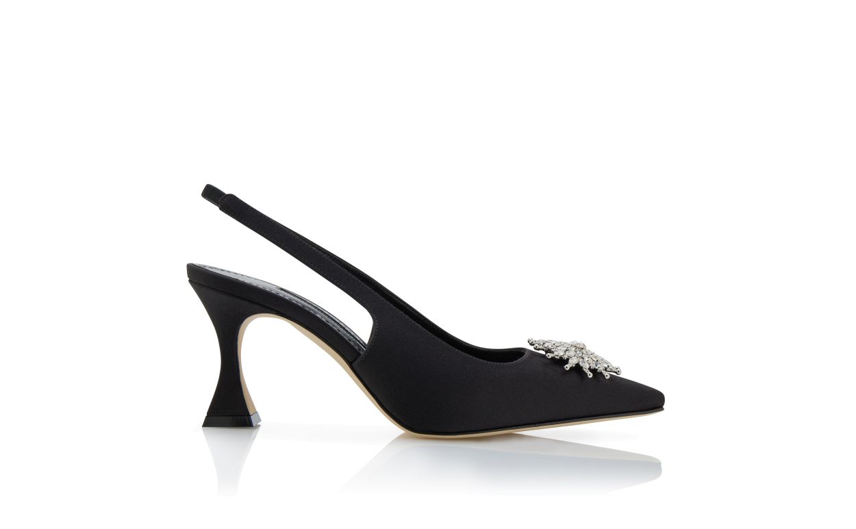 Sapatilhas Slingback de Satin Preto com Detalhes em Cristal