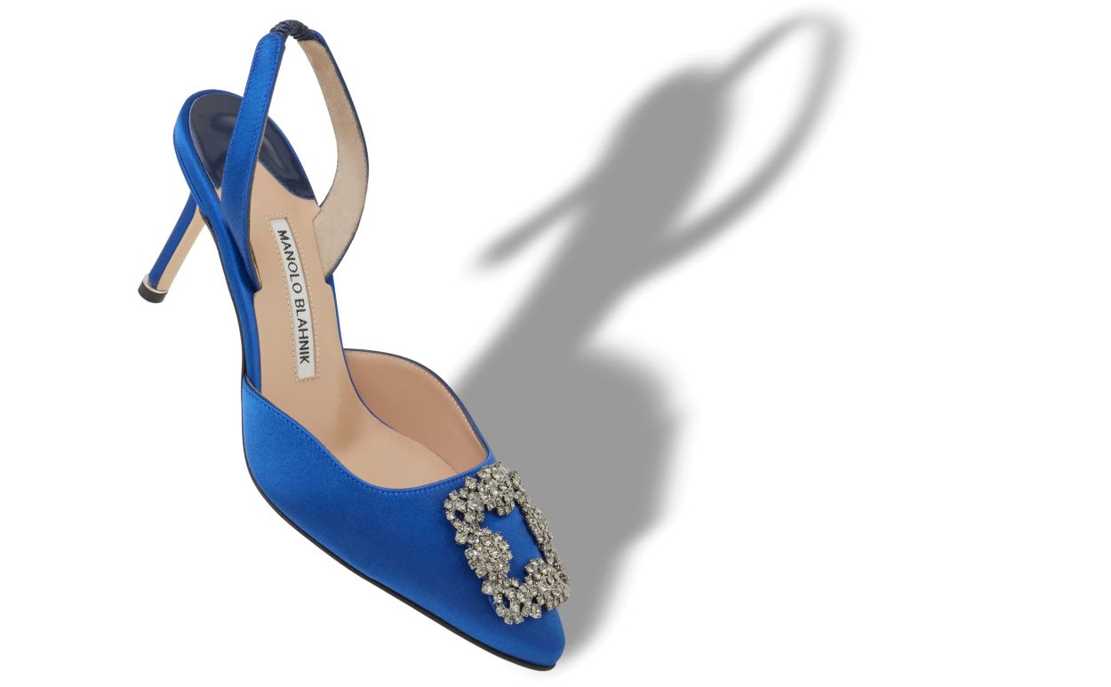 Sapatos de Salto Alto com Fivela de Jóia em Satim Azul