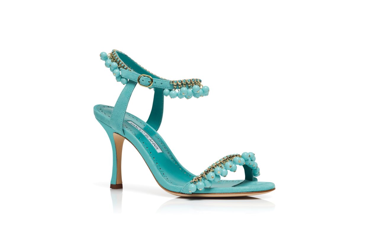 Sandalhas de Camurça Azul com Detalhes de Joias