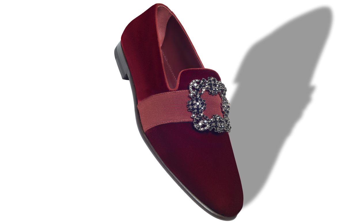 Mocassim com Fivela de Joia em Veludo Vermelho Escuro