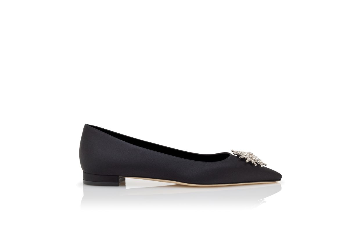 Sapatos Planos de Satim Preto com Detalhes de Cristal