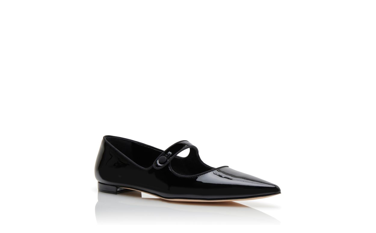 Sapatos de Salto Plano Mary Jane em Couro Vernizado Preto