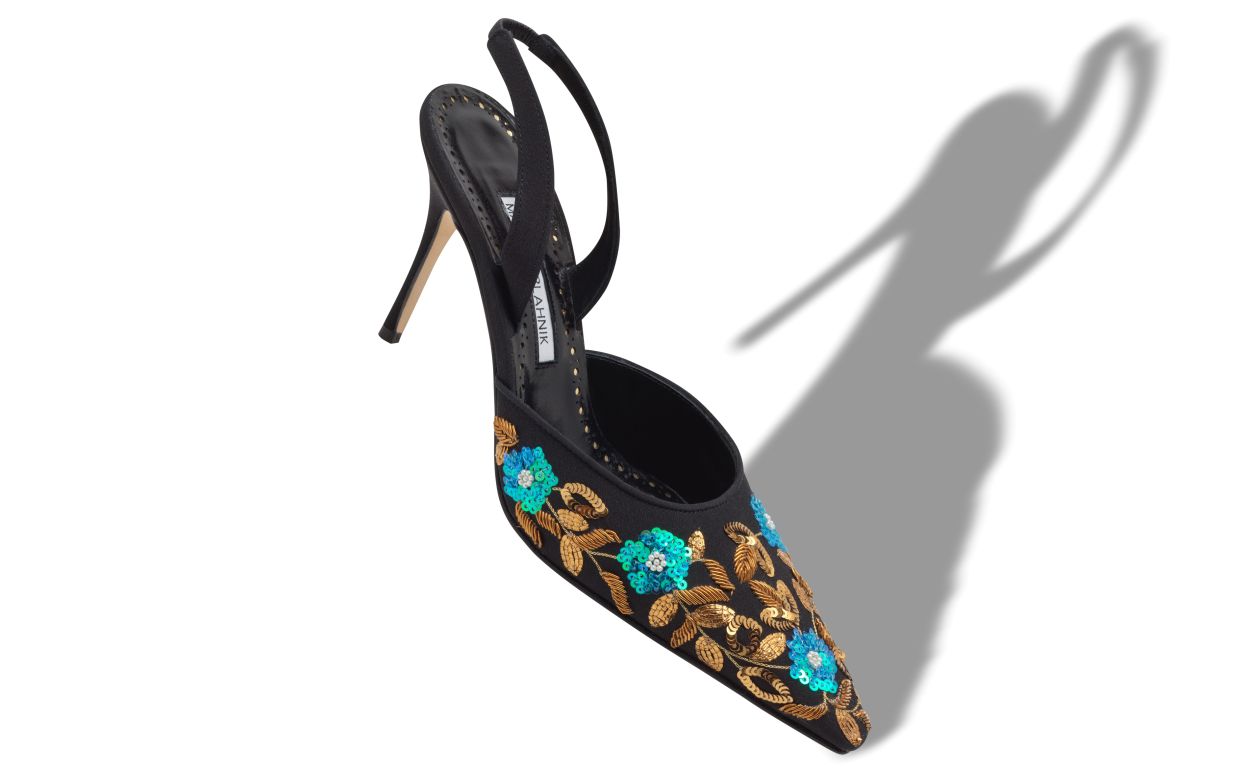 Sapatilhas de Crepe de Chine Preto com Bordado Slingback