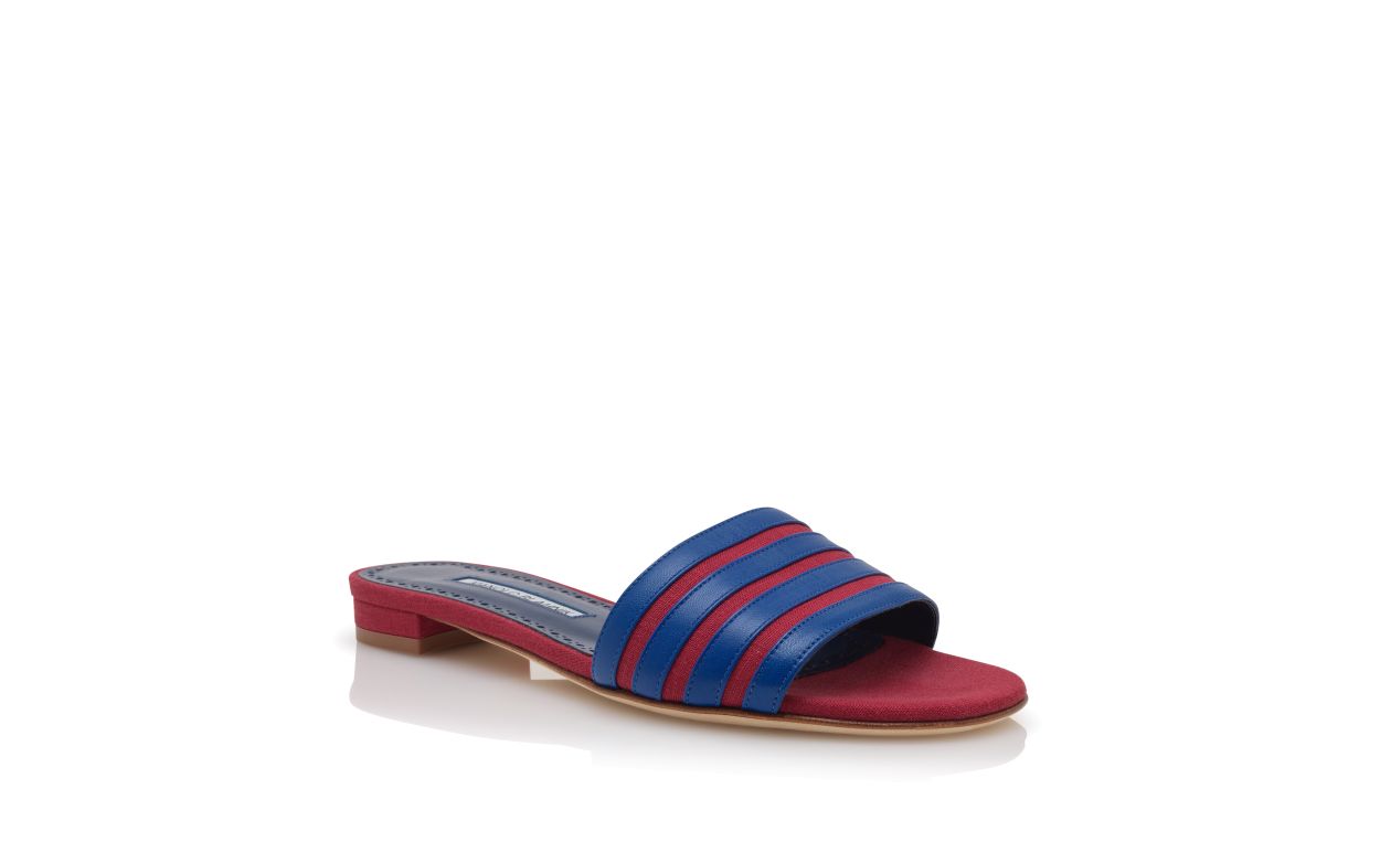 Mules Planas de Linho Vermelho e Azul