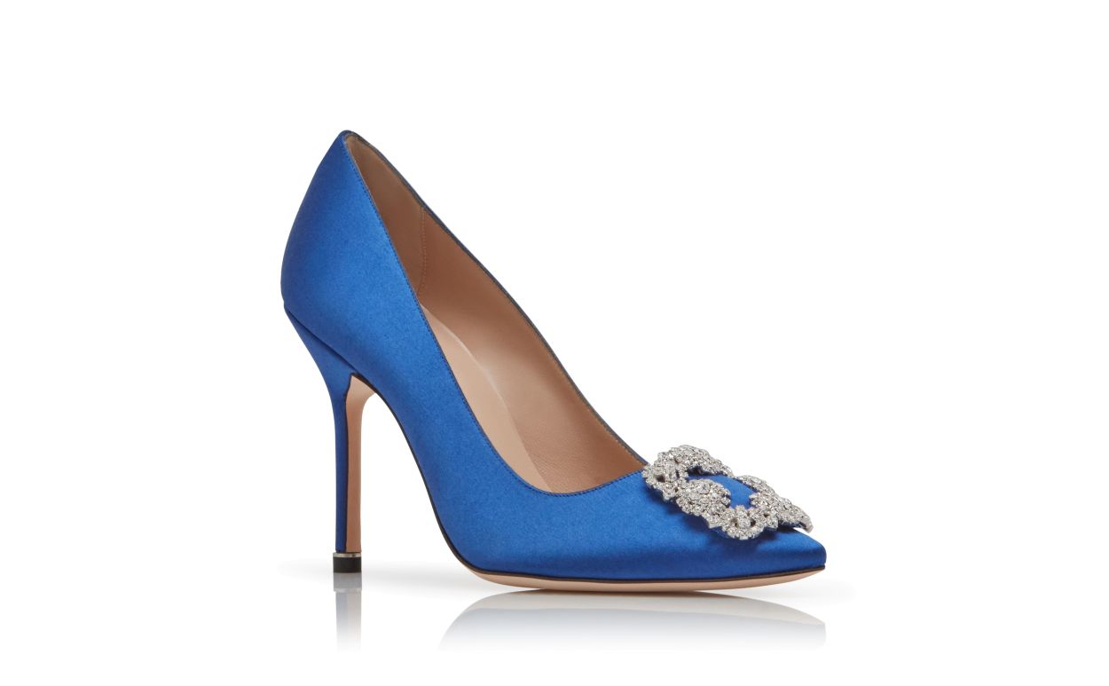 Sapatos de Salto Alto com Fivela de Jóia em Satin Azul