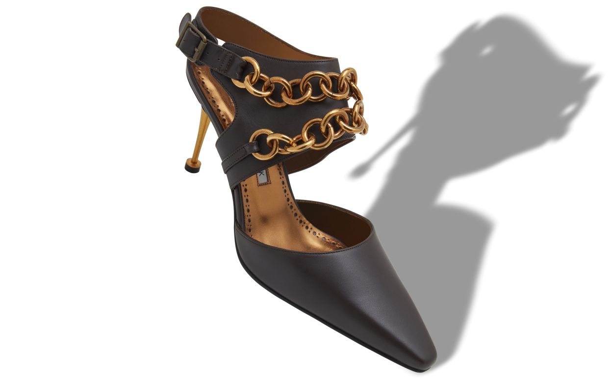 Sapatos de Salto Alto em Couro de Novilho Marrom Escuro com Tira para o Tornozelo