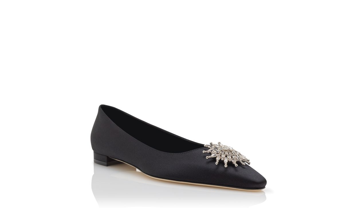 Sapatos Planos de Satim Preto com Detalhes de Cristal