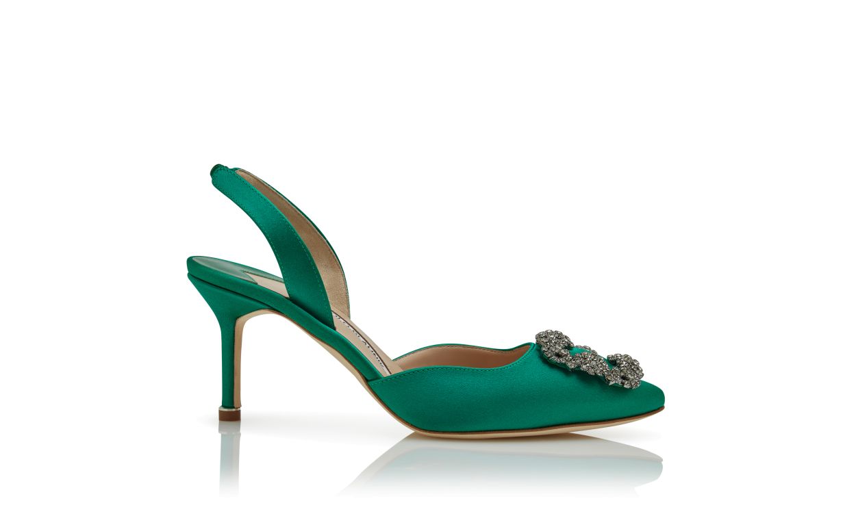 Sapatilhas Slingback de Satin Verde com Fecho de Joia