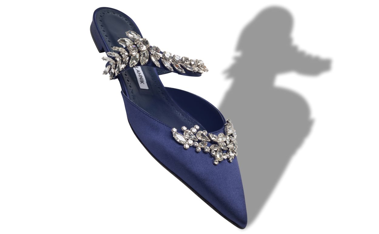 Mules Planas com Detalhes de Cristal em Satin Azul-Marinho