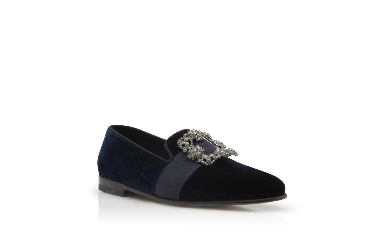 Mocassins de Veludo Azul-Marinho com Fivela Encravada