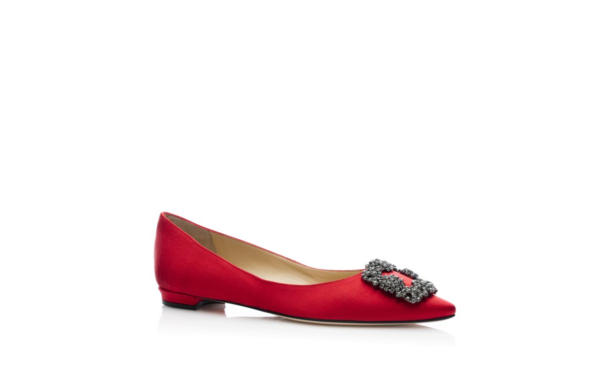 Sapatilhas Planas de Satin Vermelho com Fivela de Joia