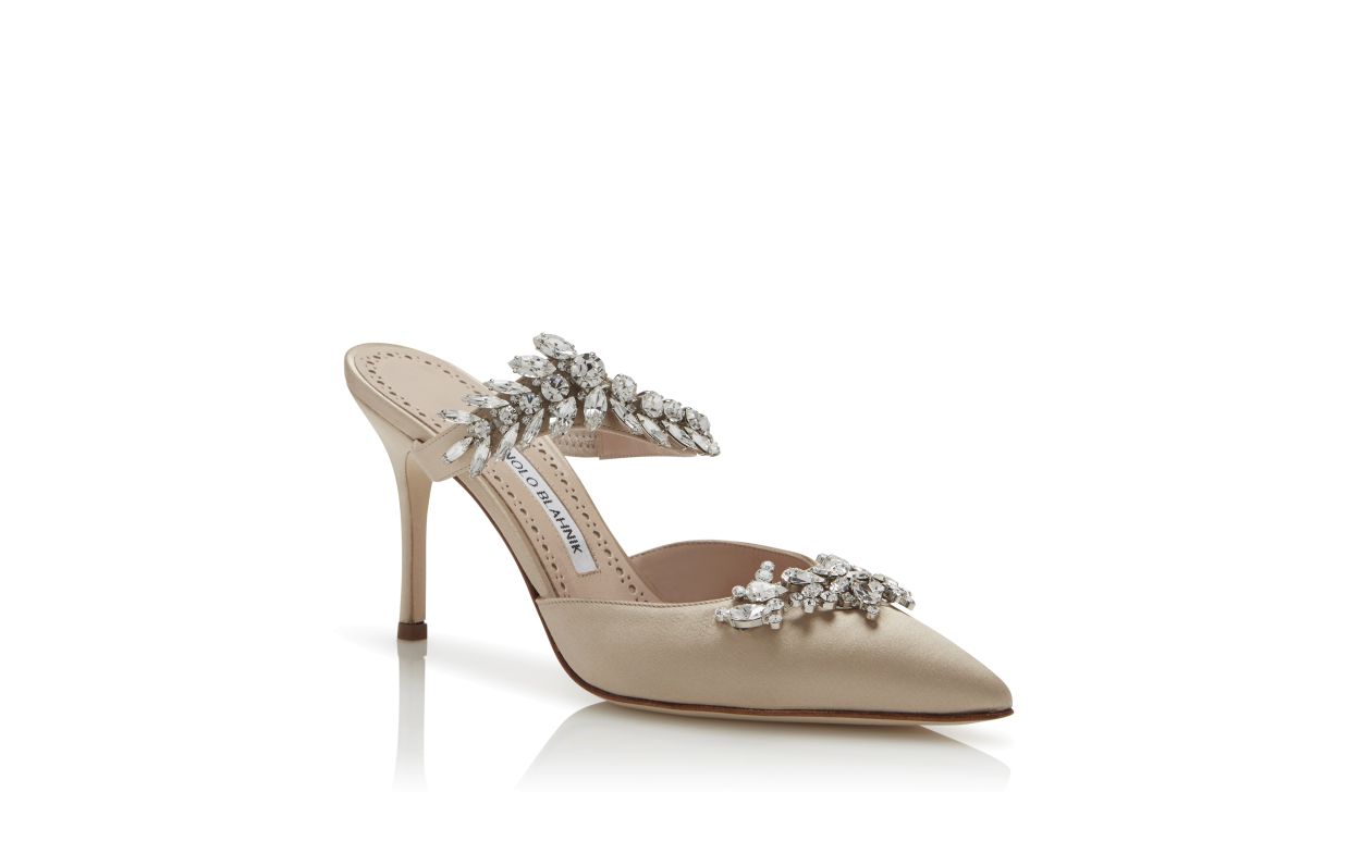 Mule de Satin Champagne com Detalhes em Cristal
