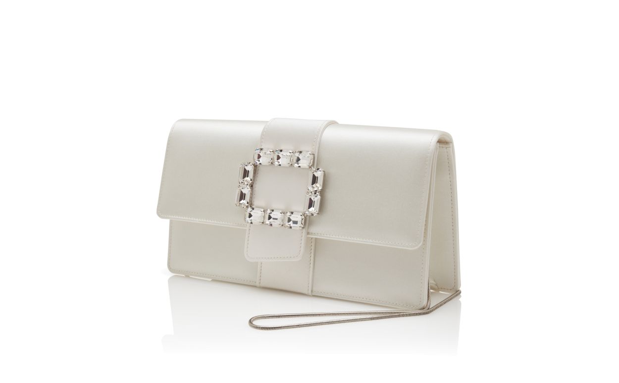 Bolsa de Punho Retangular de Seda Creme com Fivela de Cristal