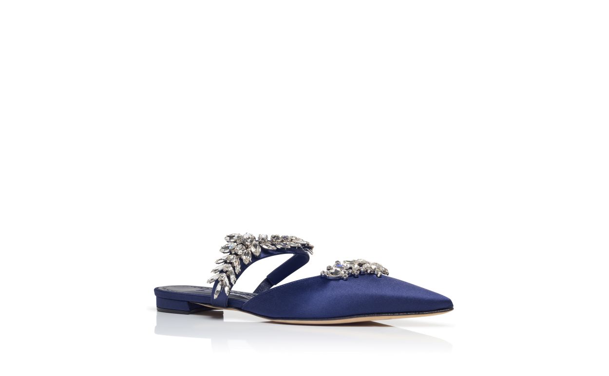 Mules Planas com Detalhes de Cristal em Satin Azul-Marinho
