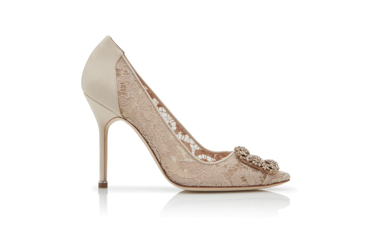 Sapatos de Salto Alto com Laço em Renda e Fivela de Joia Rosa Champagne