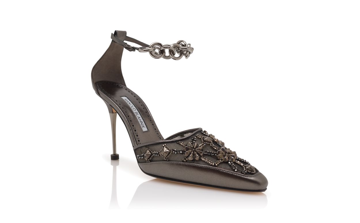 Sapatos de Salto Alto com Strass em Couro Nappa Grafite e Cinto para o Tornozelo
