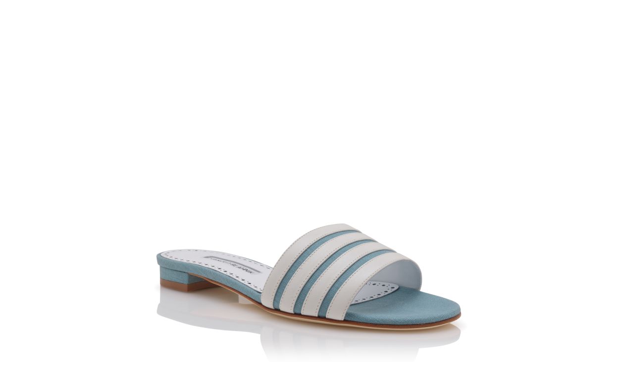 Mules Planas de Linho Azul-Claro e Branco
