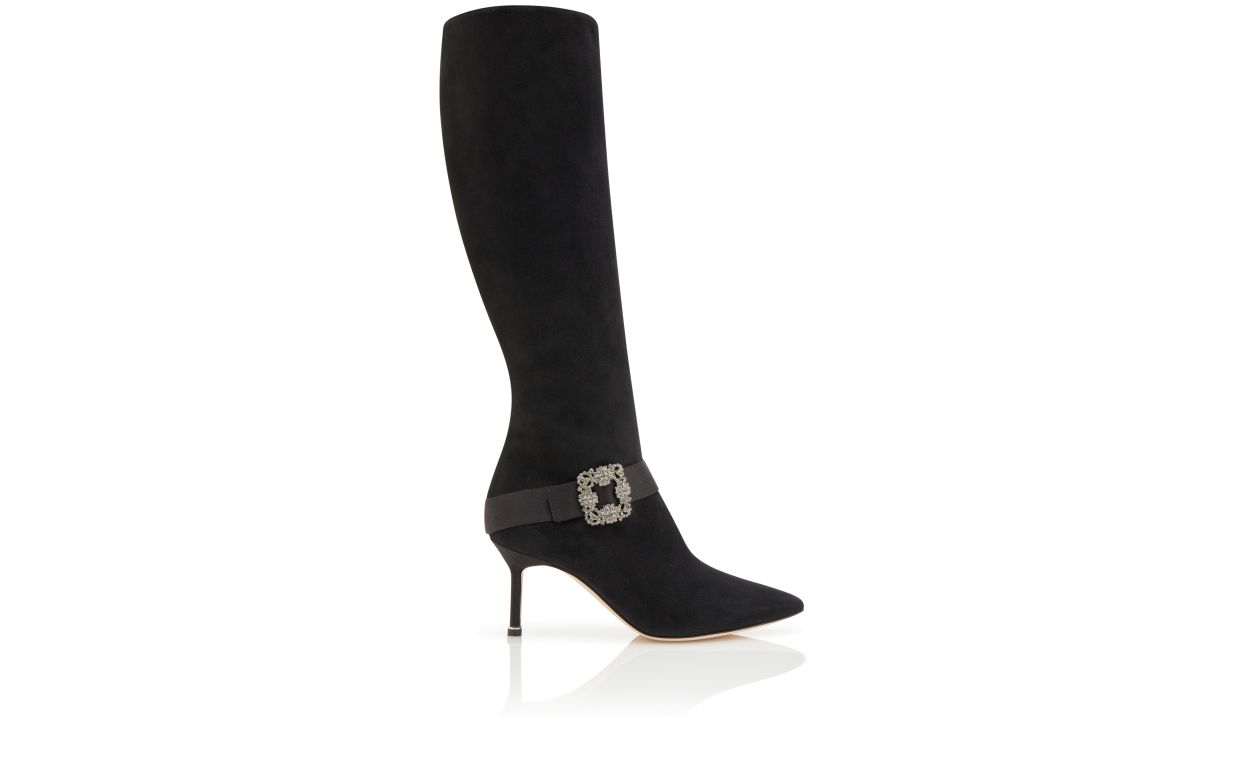 Botas Alta de Cano até o Joelho com Fivela de Joia em Couro Suede Preto