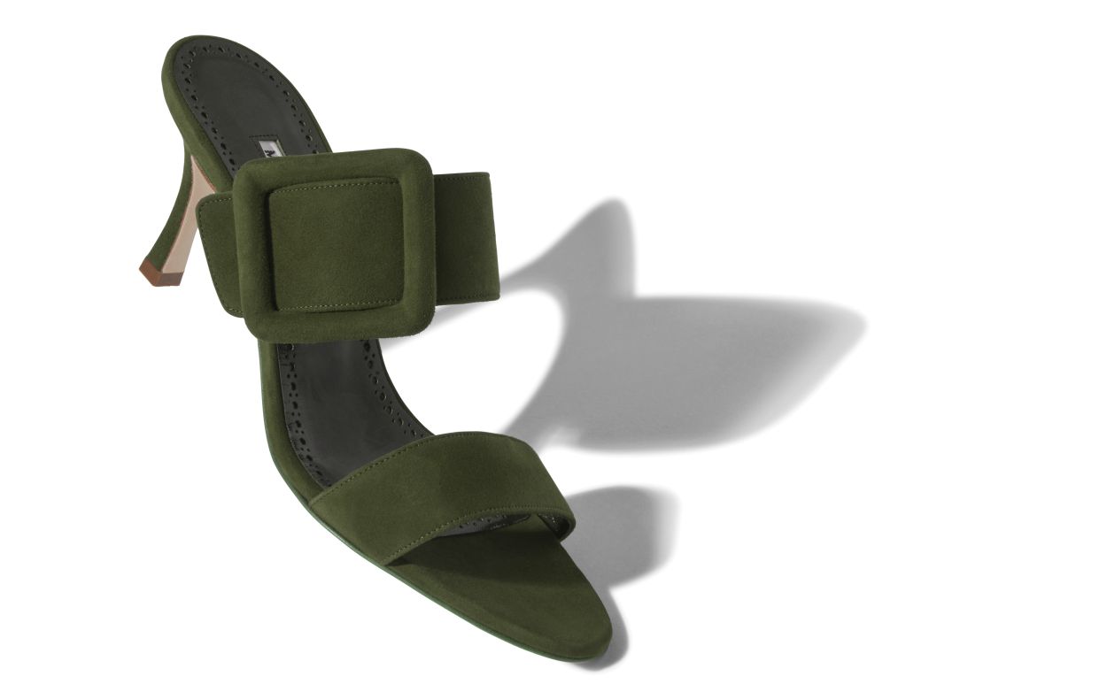 Mules de Seda Verde Khaki Escuro com Toe Aberto