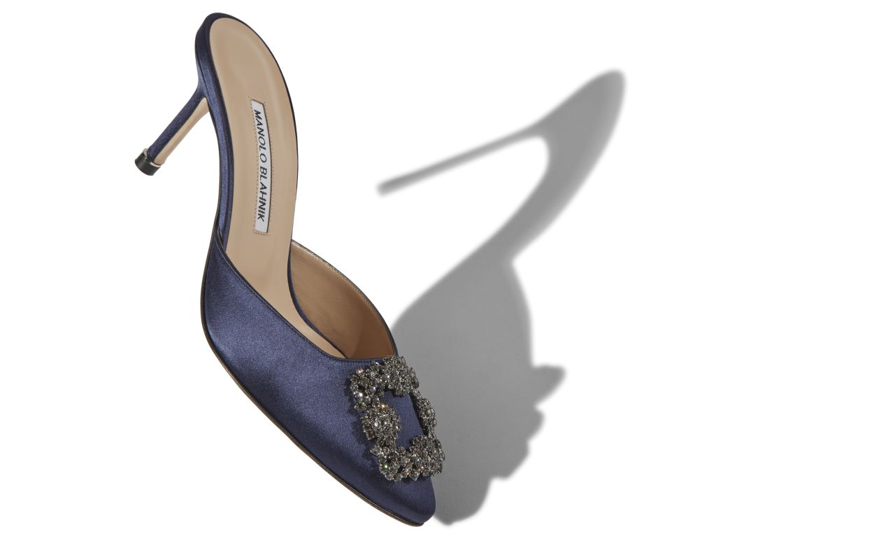 Mules de cetim Azul Marinho com Fivela de Joia